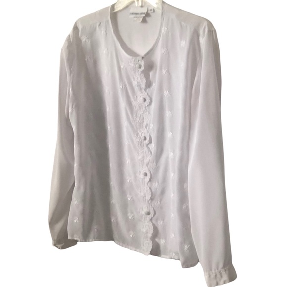 Victoria Jones Womens White Long-sleeve Scalloped Button Down Shirt Top Size 10 - Picture 5 of 11